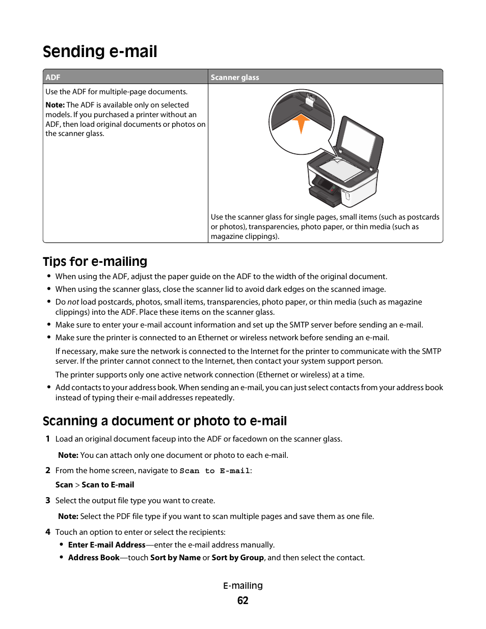 Sending e-mail, Tips for e-mailing, Scanning a document or photo to e-mail | Dell P713w All In One Photo Printer User Manual | Page 62 / 125