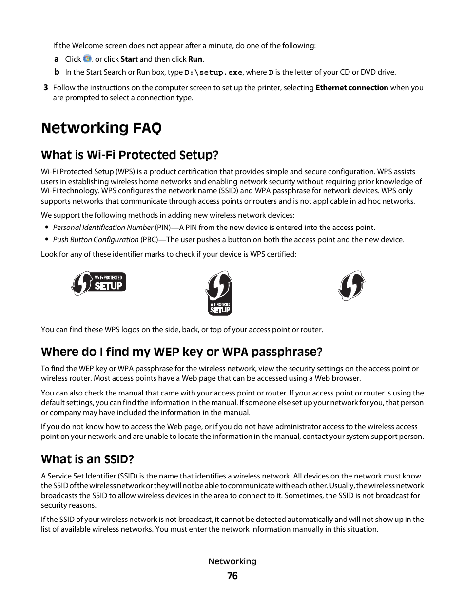 Networking faq, What is wi-fi protected setup, Where do i find my wep key or wpa passphrase | What is an ssid | Dell P713w All In One Photo Printer User Manual | Page 76 / 125