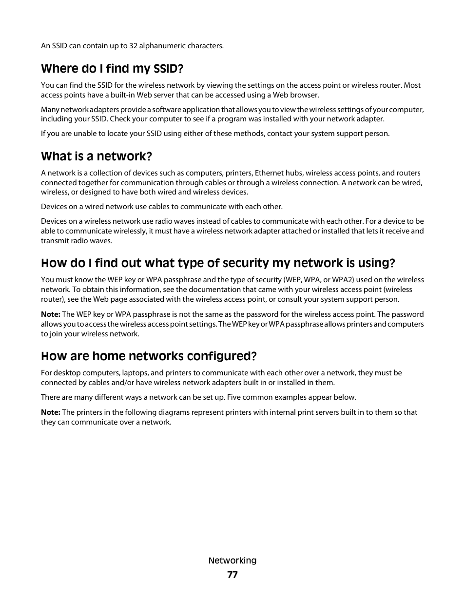 Where do i find my ssid, What is a network, How are home networks configured | Dell P713w All In One Photo Printer User Manual | Page 77 / 125