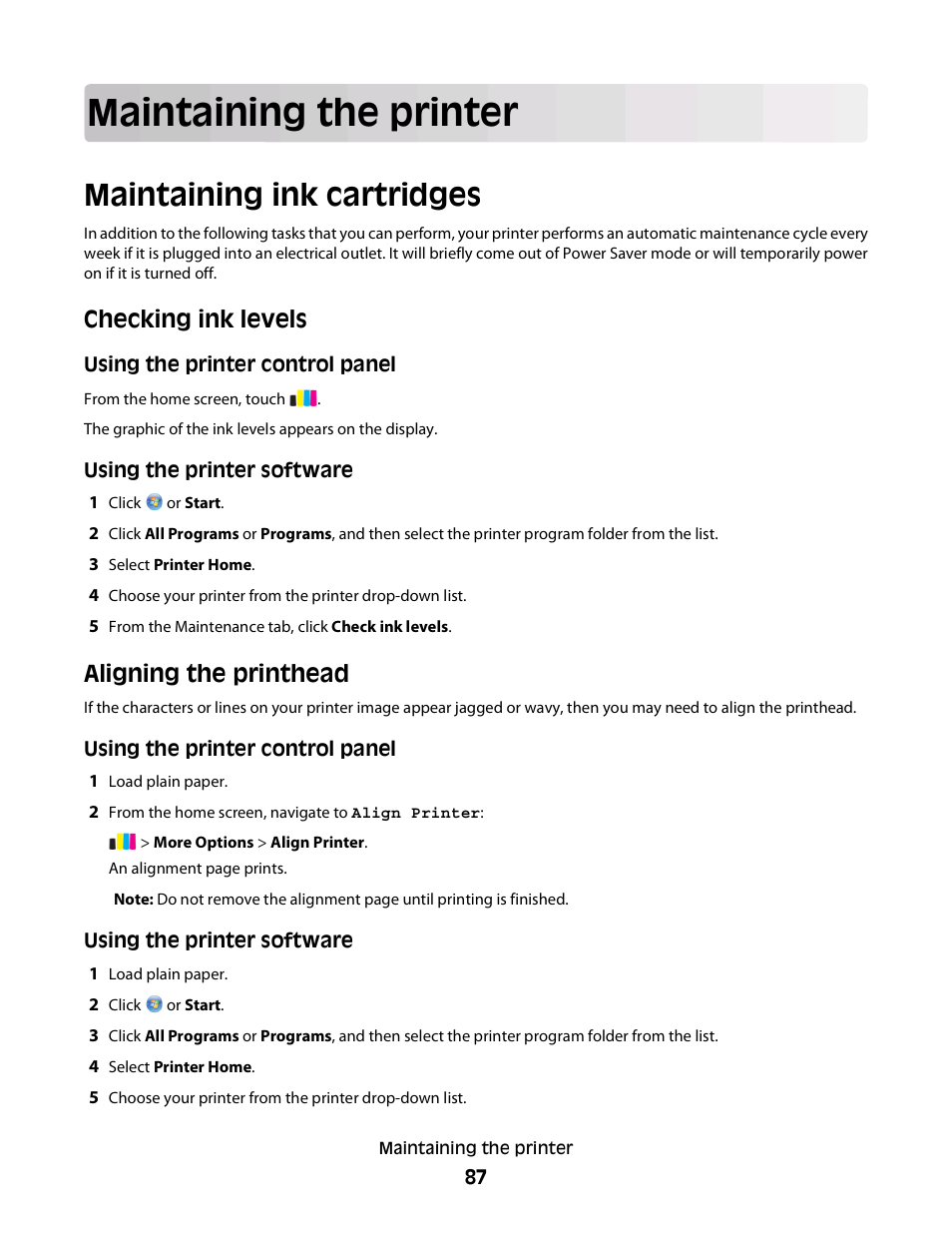 Maintaining the printer, Maintaining ink cartridges, Checking ink levels | Aligning the printhead | Dell P713w All In One Photo Printer User Manual | Page 87 / 125