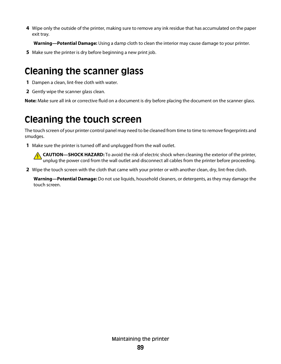 Cleaning the scanner glass, Cleaning the touch screen | Dell P713w All In One Photo Printer User Manual | Page 89 / 125