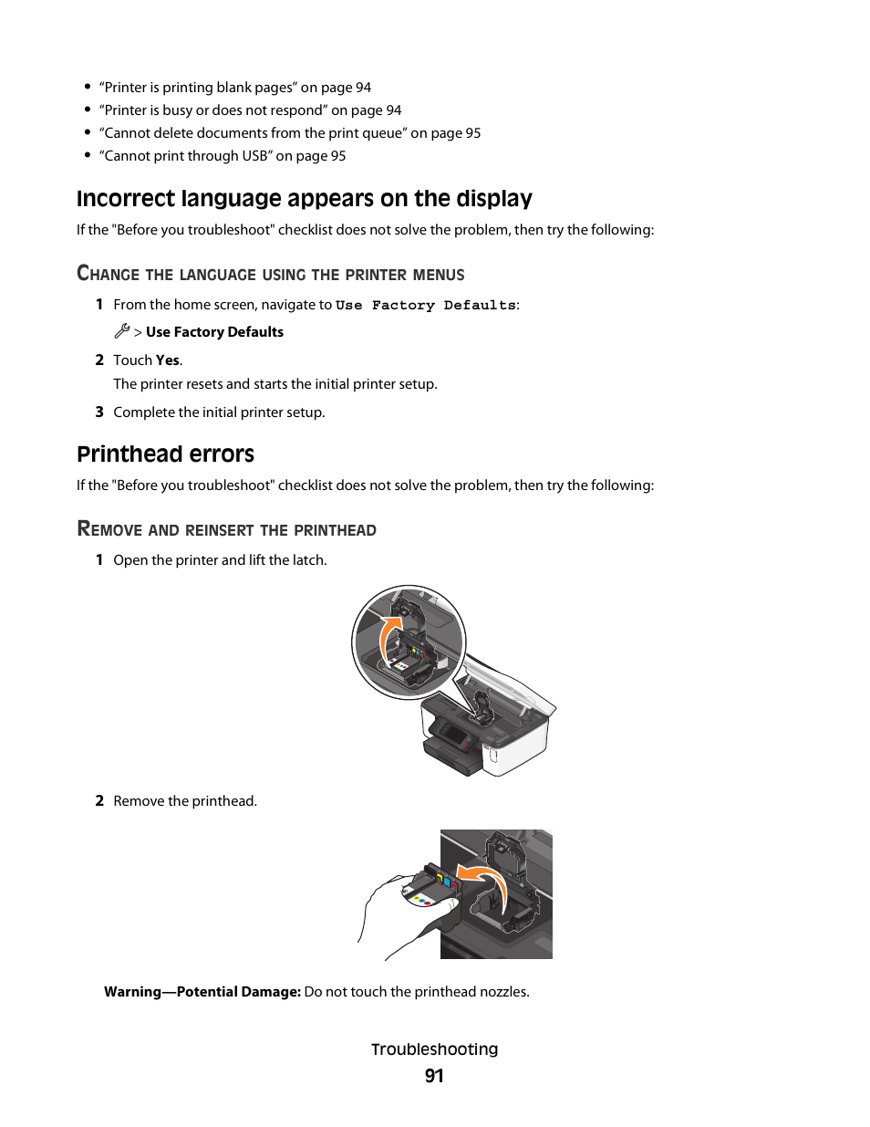 Incorrect language appears on the display, Printhead errors | Dell P713w All In One Photo Printer User Manual | Page 91 / 125