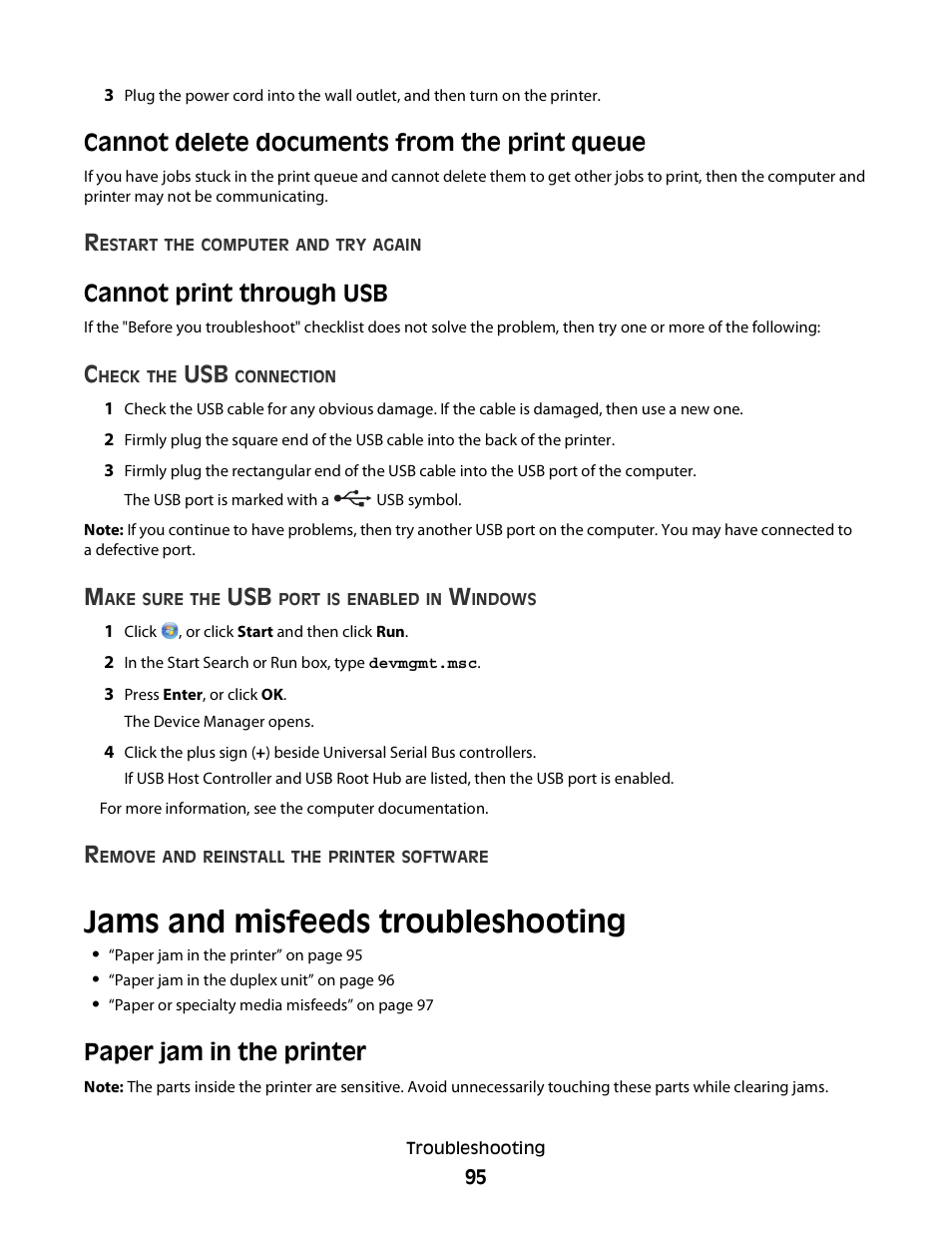 Cannot delete documents from the print queue, Cannot print through usb, Jams and misfeeds troubleshooting | Paper jam in the printer | Dell P713w All In One Photo Printer User Manual | Page 95 / 125