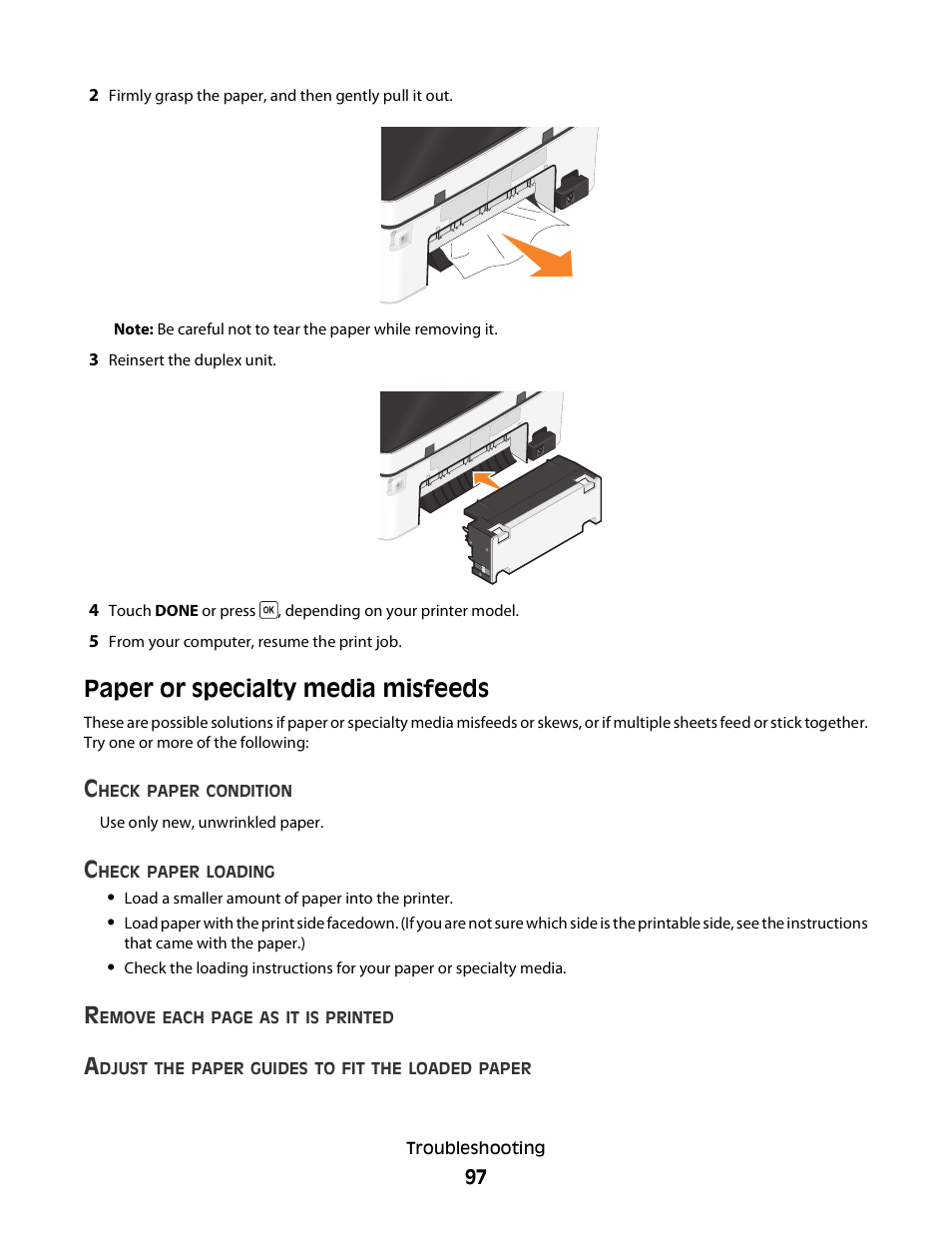 Paper or specialty media misfeeds | Dell P713w All In One Photo Printer User Manual | Page 97 / 125