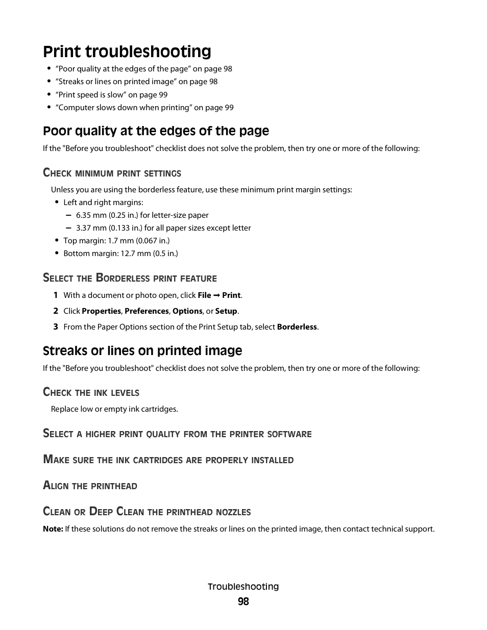 Print troubleshooting, Streaks or lines on printed image, Poor quality at the edges of the page | Dell P713w All In One Photo Printer User Manual | Page 98 / 125