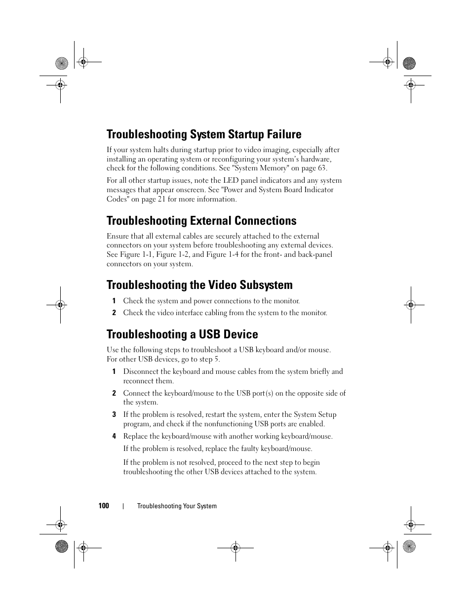 Troubleshooting system startup failure, Troubleshooting external connections, Troubleshooting the video subsystem | Troubleshooting a usb device, Troubleshooting a usb device" on | Dell PowerEdge C1100 User Manual | Page 100 / 140
