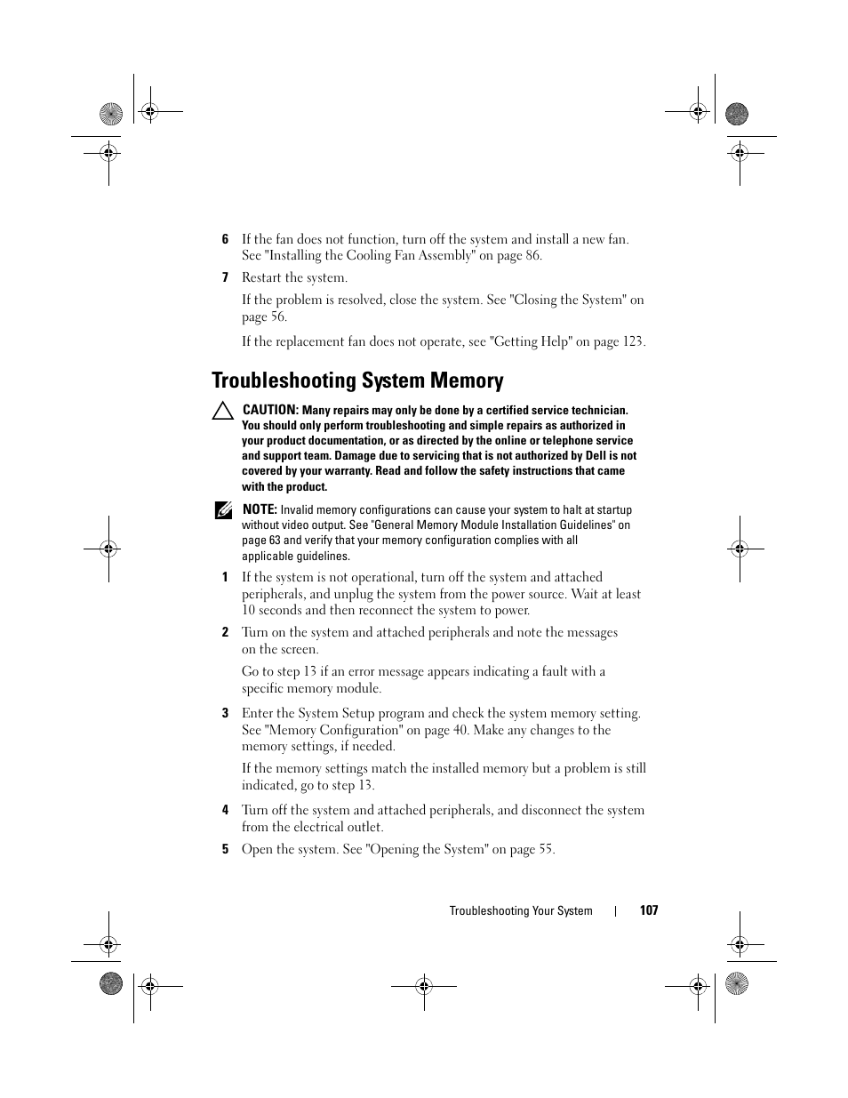 Troubleshooting system memory, See "troubleshooting system memory, Ee "troubleshooting system memory | Dell PowerEdge C1100 User Manual | Page 107 / 140