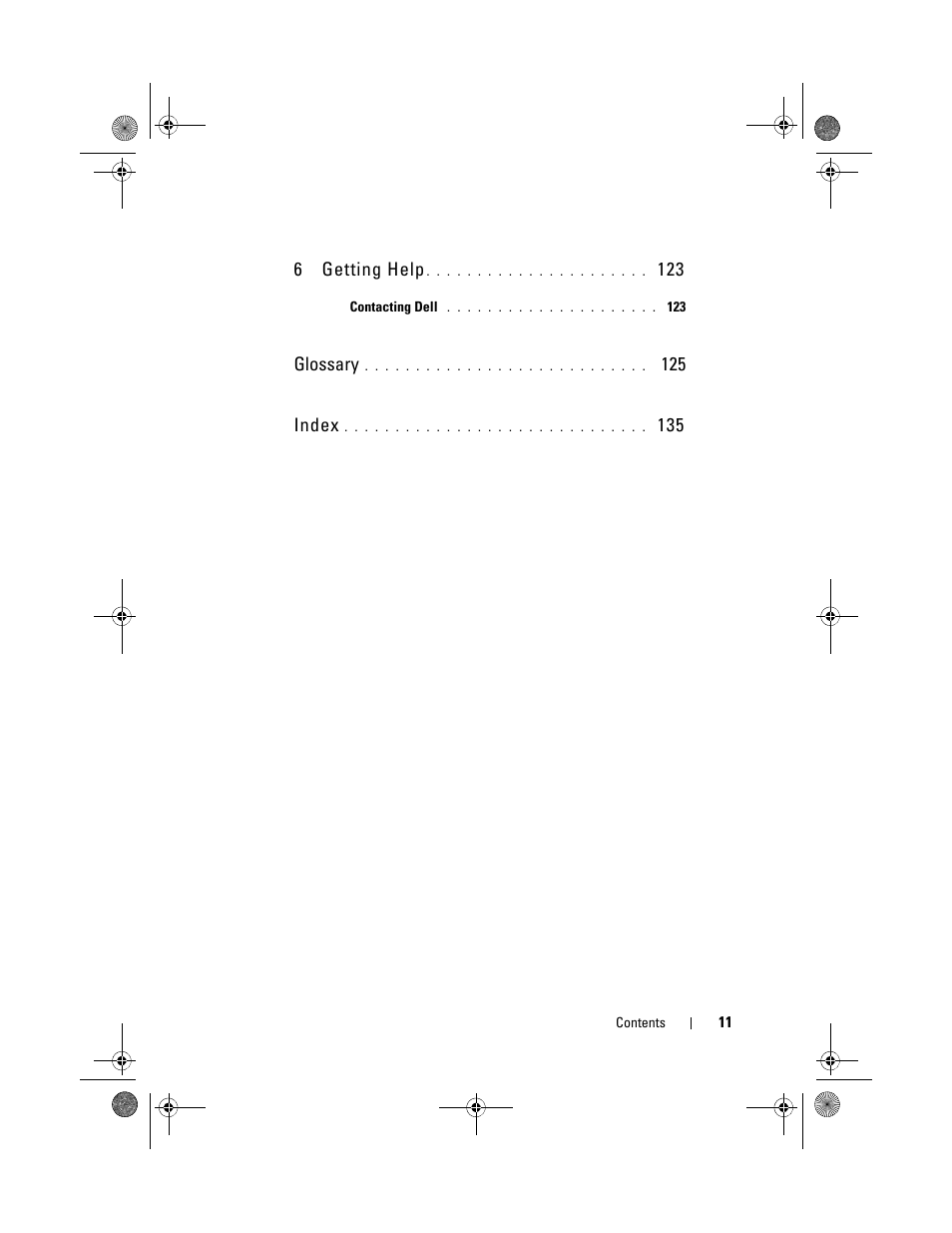 6 getting help, Glossary, 125 index | Dell PowerEdge C1100 User Manual | Page 11 / 140