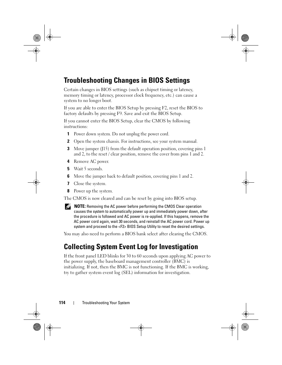 Troubleshooting changes in bios settings, Collecting system event log for investigation | Dell PowerEdge C1100 User Manual | Page 114 / 140