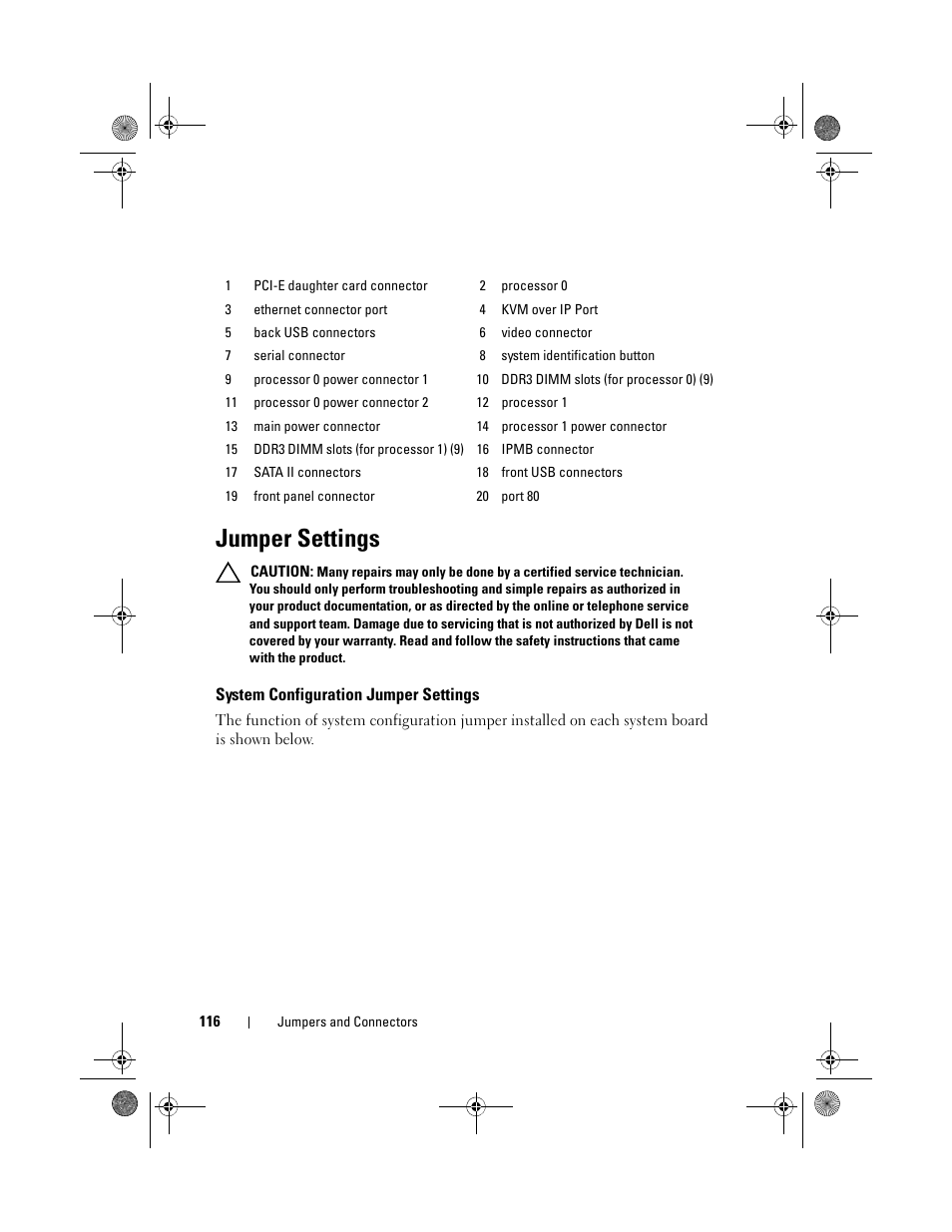 Jumper settings, System configuration jumper settings, Jumper settings" on | Dell PowerEdge C1100 User Manual | Page 116 / 140