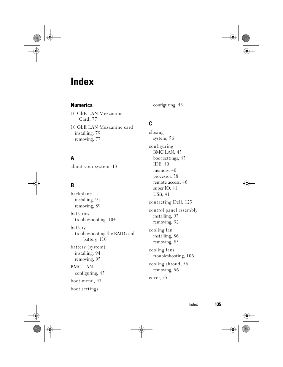 Index | Dell PowerEdge C1100 User Manual | Page 135 / 140