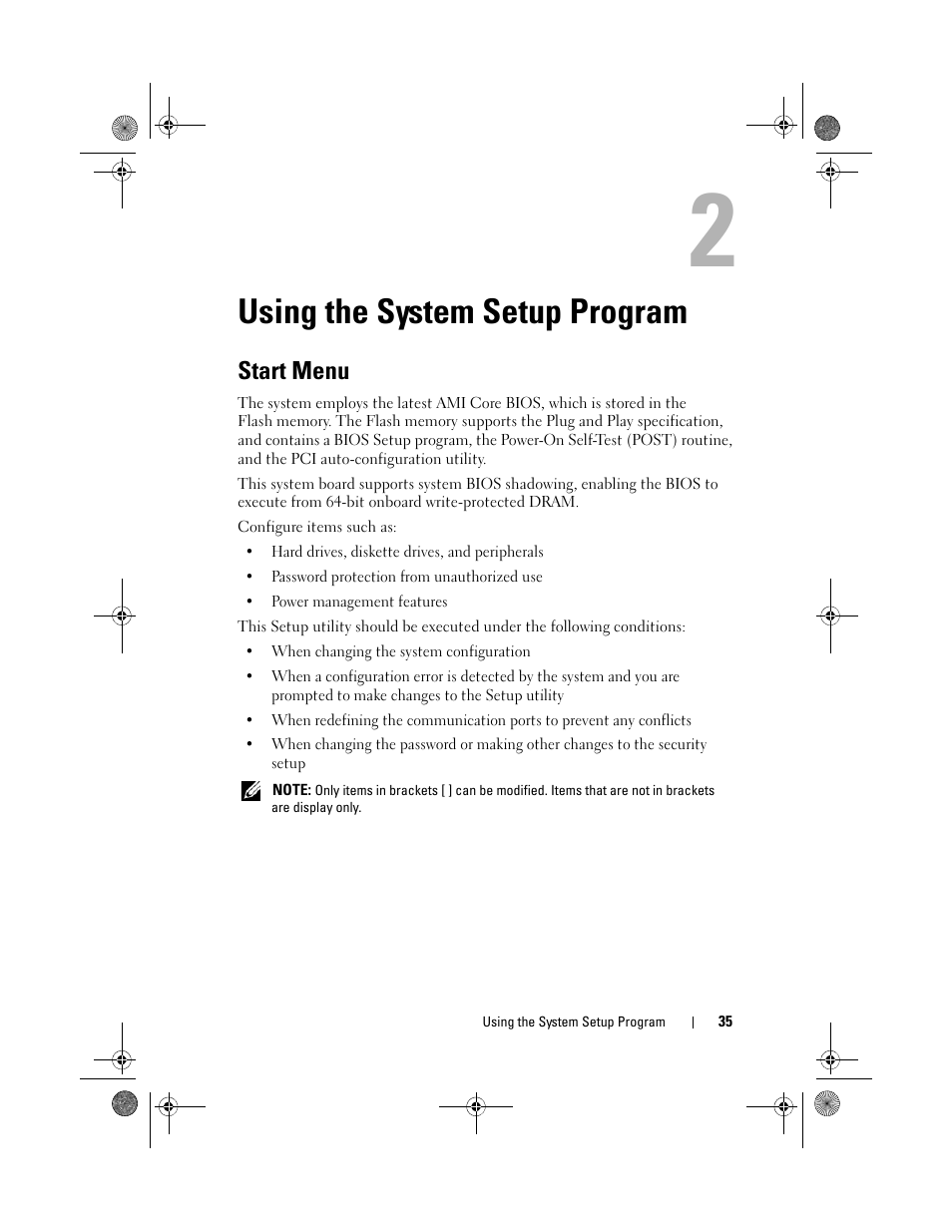Using the system setup program, Start menu | Dell PowerEdge C1100 User Manual | Page 35 / 140