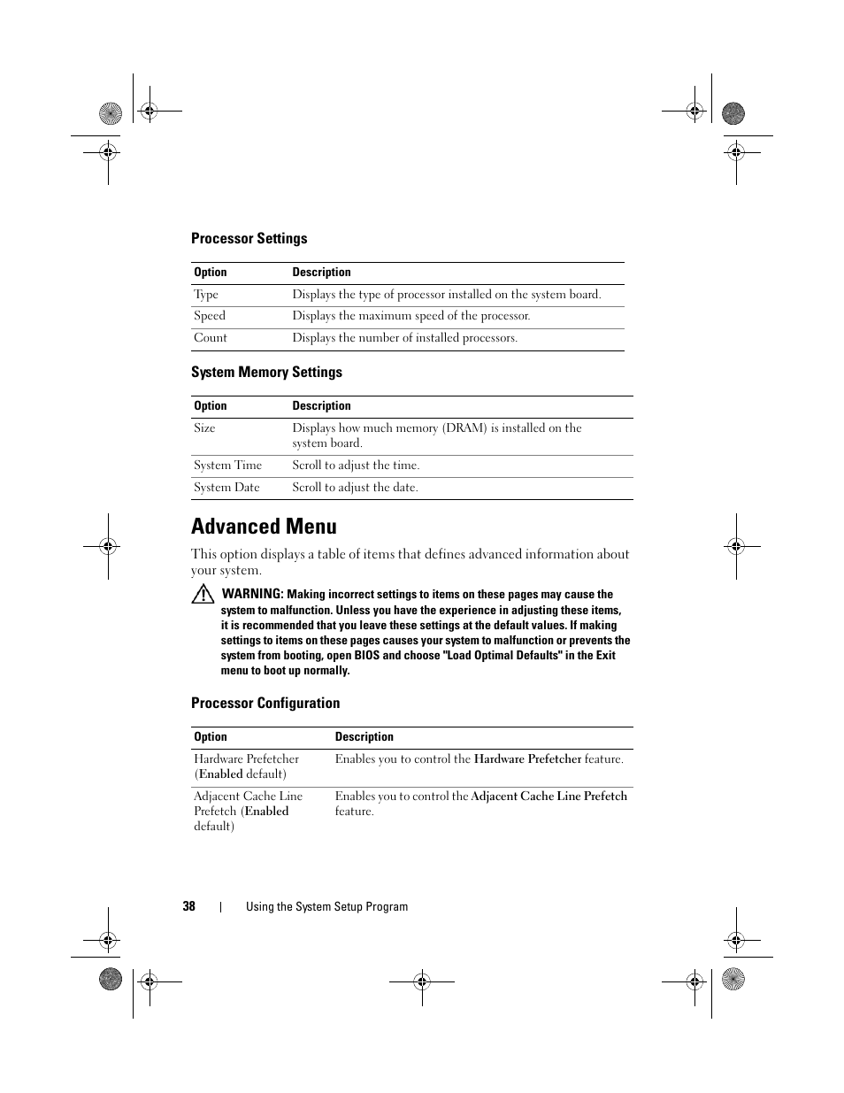 Advanced menu, Processor settings, System memory settings | Processor configuration | Dell PowerEdge C1100 User Manual | Page 38 / 140