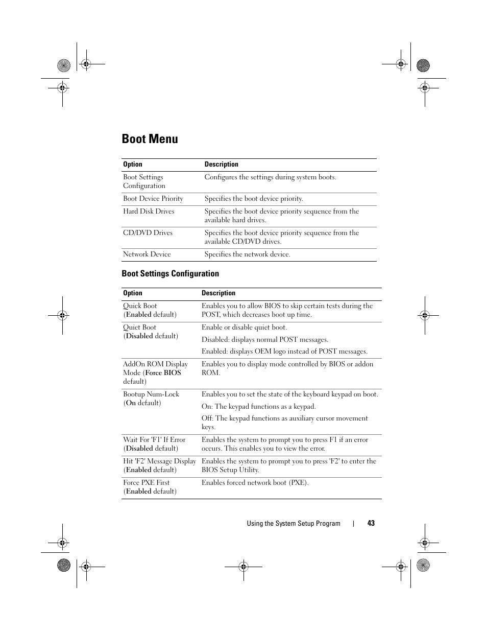 Boot menu, Boot settings configuration | Dell PowerEdge C1100 User Manual | Page 43 / 140