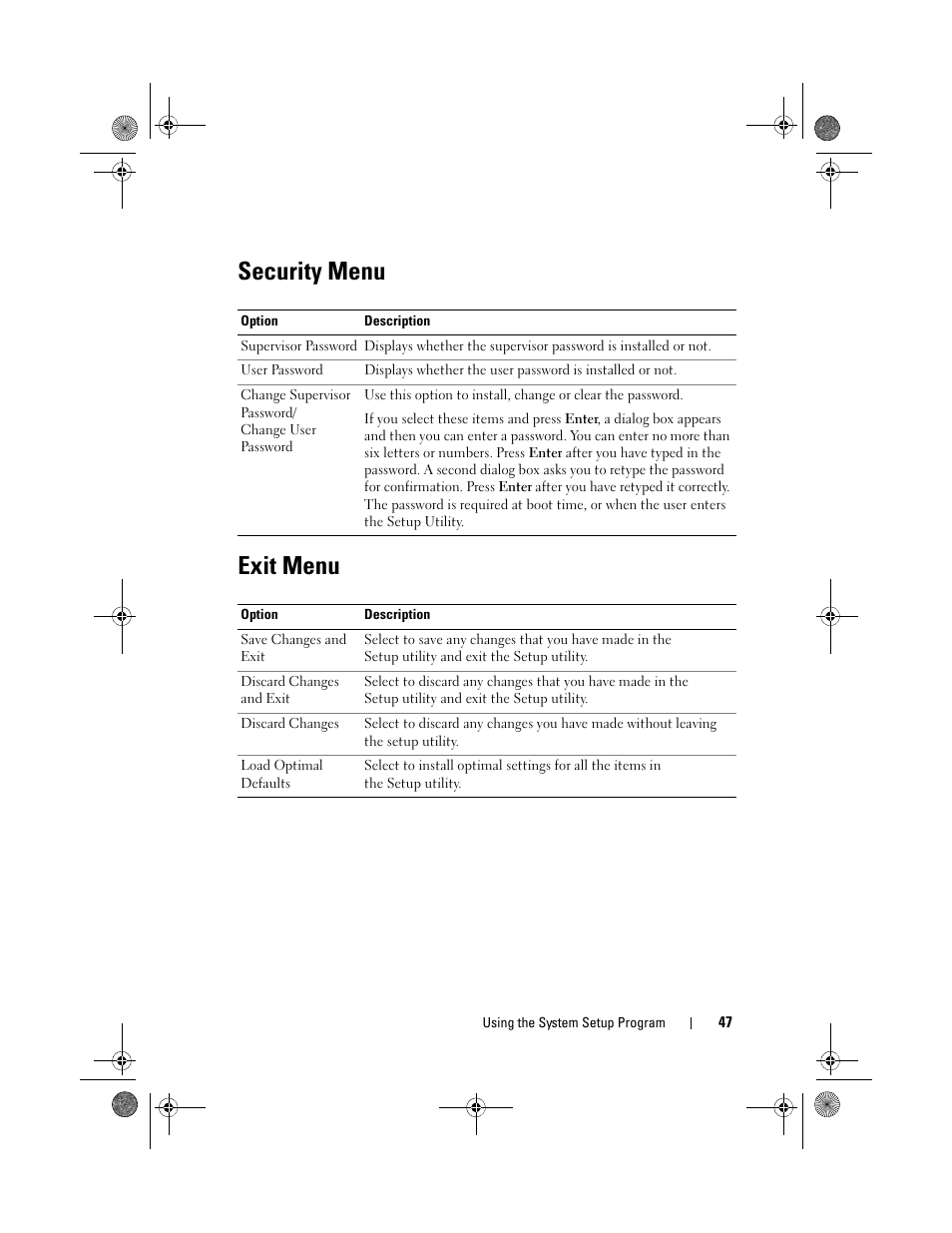 Security menu, Exit menu, Security menu exit menu | Dell PowerEdge C1100 User Manual | Page 47 / 140