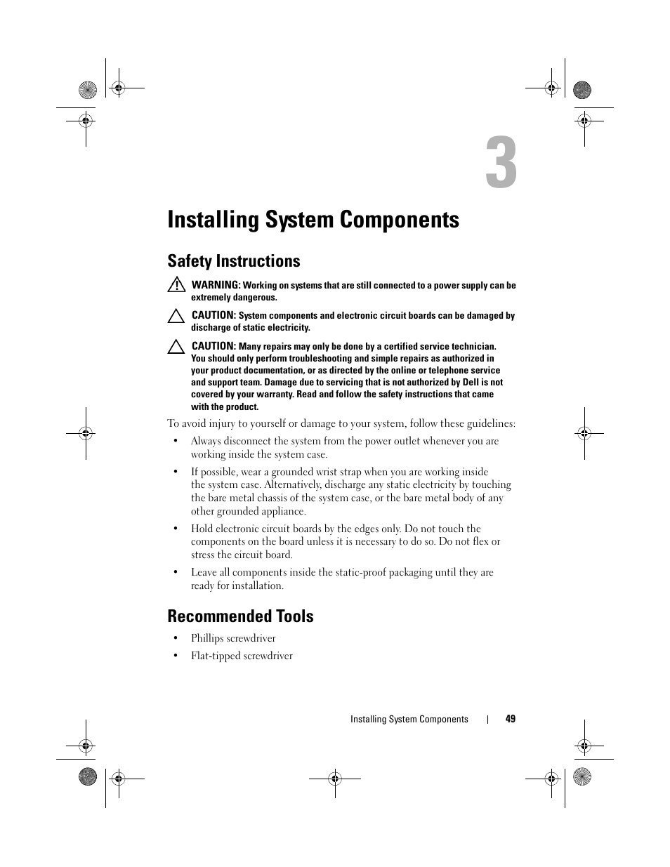 Installing system components, Safety instructions, Recommended tools | Dell PowerEdge C1100 User Manual | Page 49 / 140