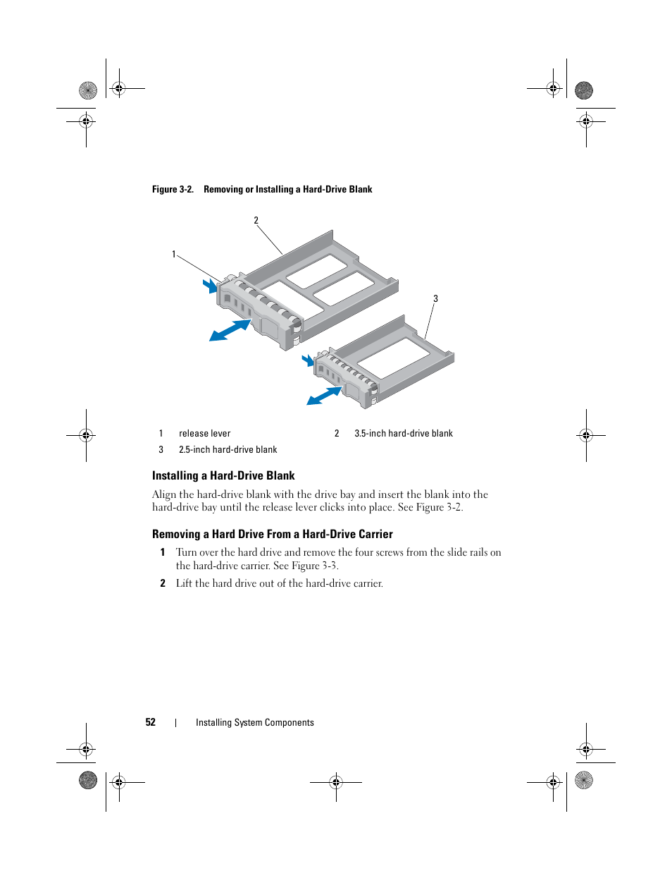 Installing a hard-drive blank, Removing a hard drive from a hard-drive, Carrier | Dell PowerEdge C1100 User Manual | Page 52 / 140