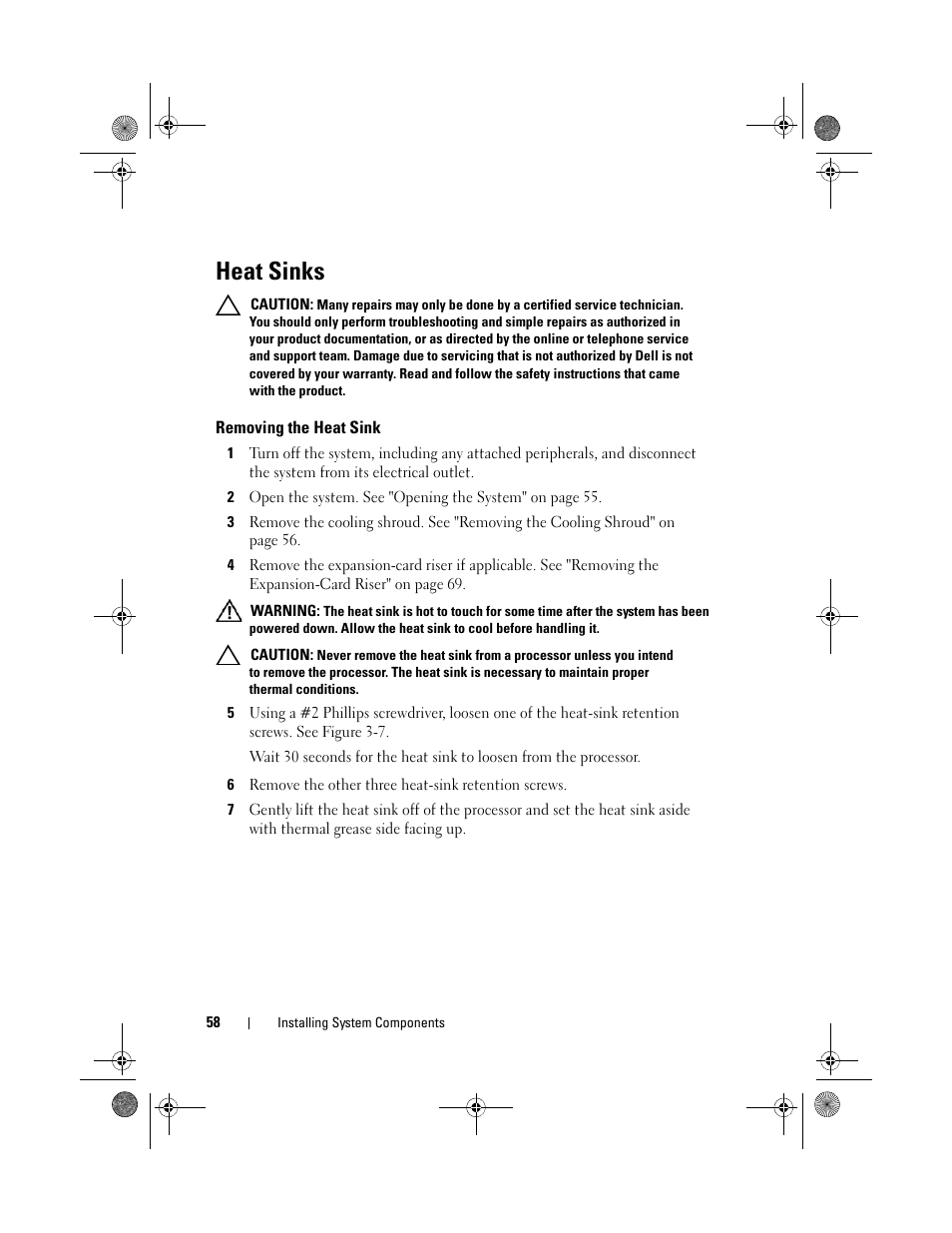 Heat sinks, Removing the heat sink | Dell PowerEdge C1100 User Manual | Page 58 / 140