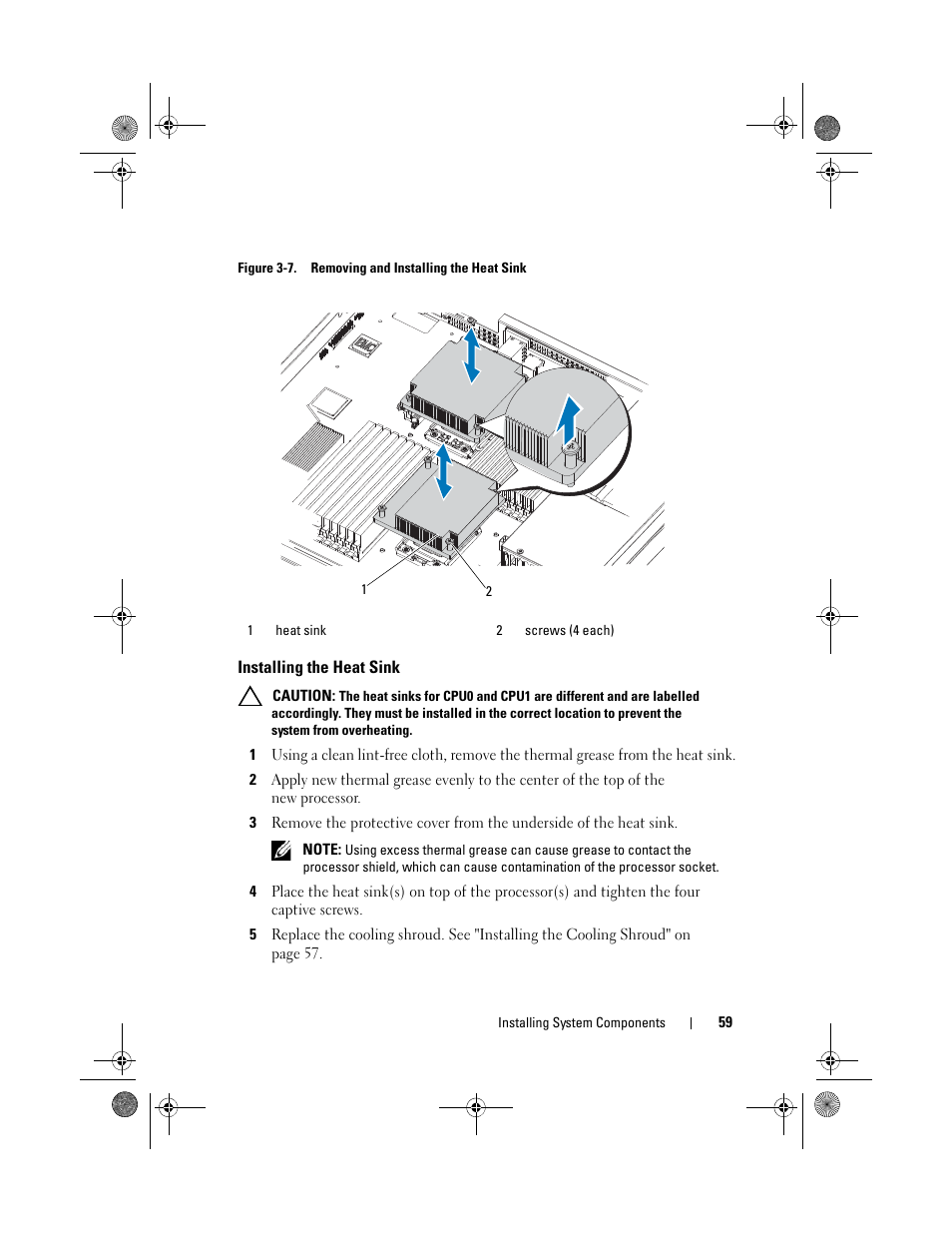 Installing the heat sink, Ws. see figure 3-7 | Dell PowerEdge C1100 User Manual | Page 59 / 140