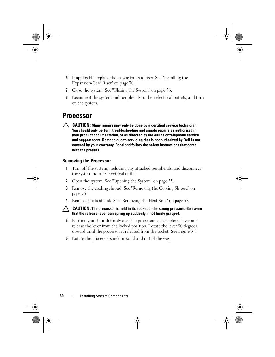 Processor, Removing the processor | Dell PowerEdge C1100 User Manual | Page 60 / 140
