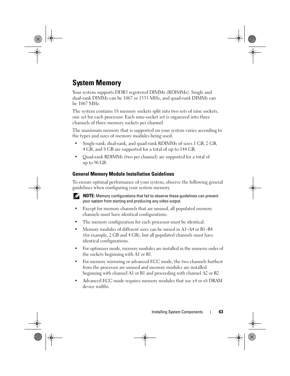 System memory, General memory module installation, Guidelines | Dell PowerEdge C1100 User Manual | Page 63 / 140