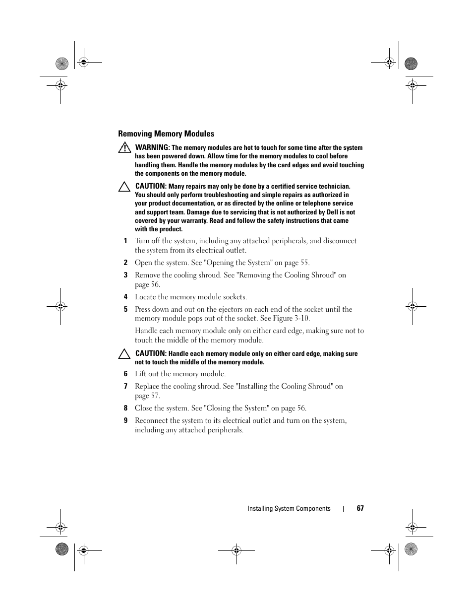 Removing memory modules | Dell PowerEdge C1100 User Manual | Page 67 / 140