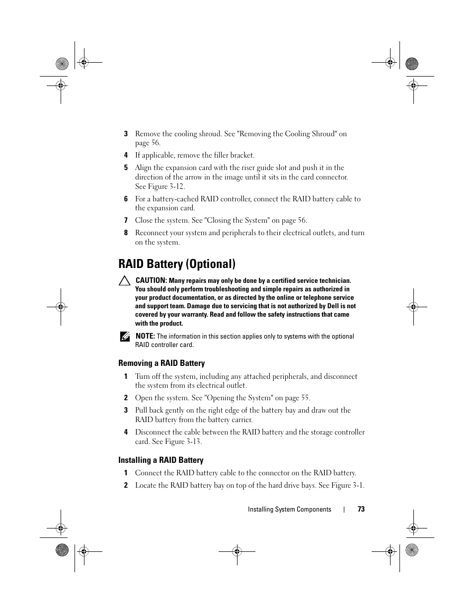 Raid battery (optional), Removing a raid battery, Installing a raid battery | Dell PowerEdge C1100 User Manual | Page 73 / 140