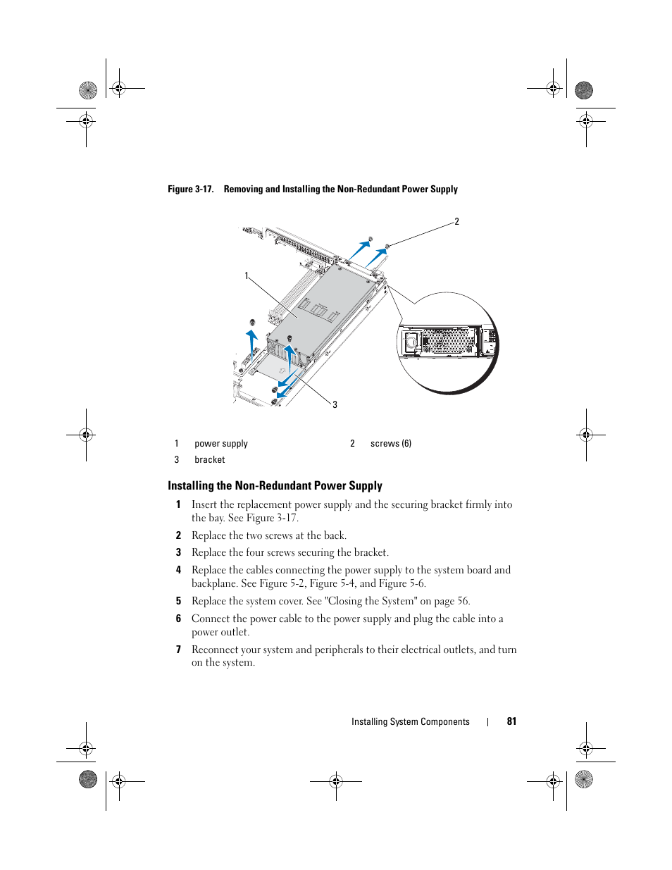 Installing the non-redundant power supply, E figure 3-17 | Dell PowerEdge C1100 User Manual | Page 81 / 140