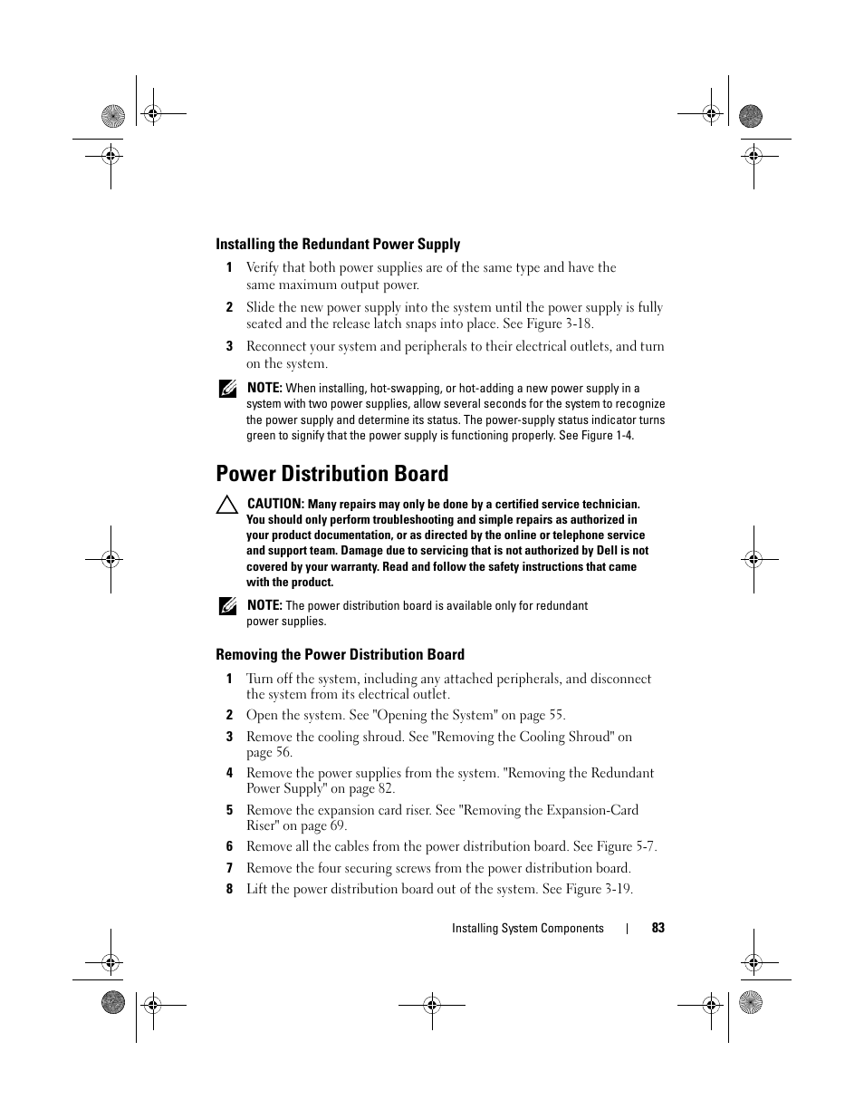 Power distribution board, Installing the redundant power supply, Removing the power distribution board | Dell PowerEdge C1100 User Manual | Page 83 / 140