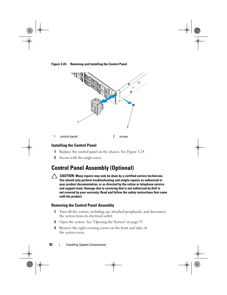 Control panel assembly (optional), Installing the control panel, Removing the control panel assembly | Figure 3-24, Of the chassis. see figure 3-24 | Dell PowerEdge C1100 User Manual | Page 92 / 140