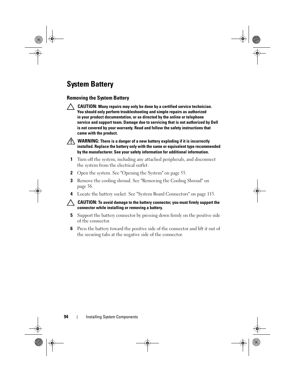 System battery, Removing the system battery | Dell PowerEdge C1100 User Manual | Page 94 / 140