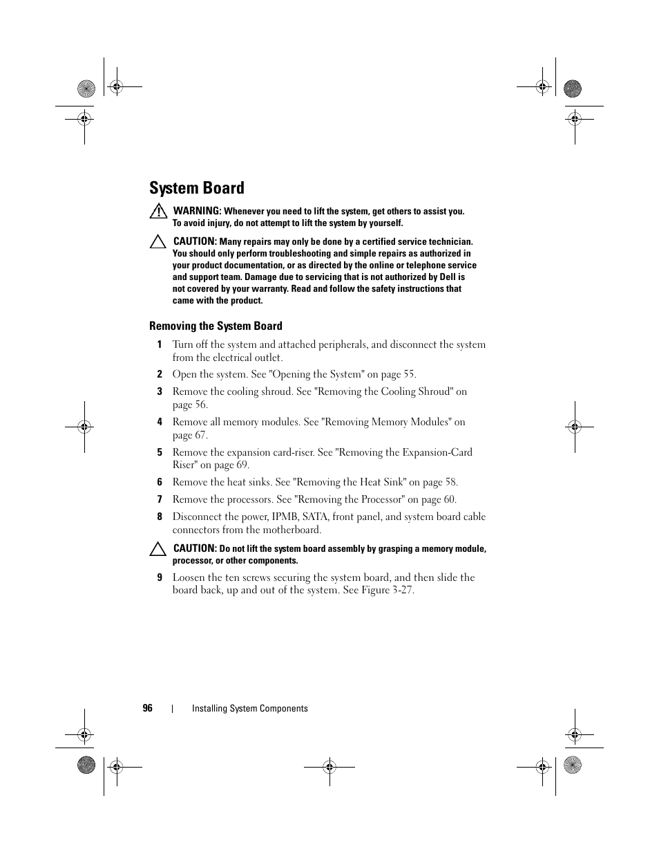 System board, Removing the system board, See "system | Dell PowerEdge C1100 User Manual | Page 96 / 140