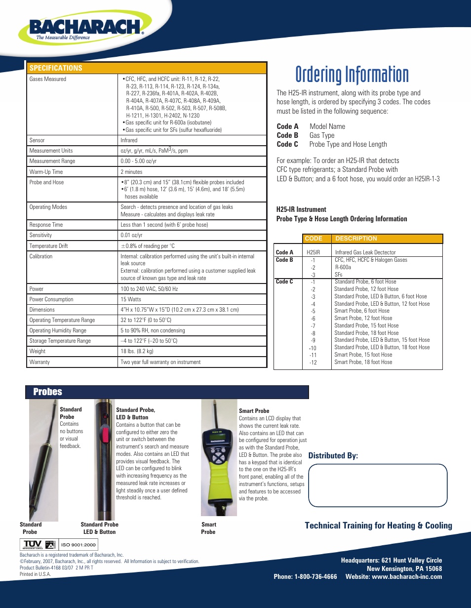 Ordering information, Technical training for heating & cooling, Probes | Bacharach SF6 User Manual | Page 2 / 2