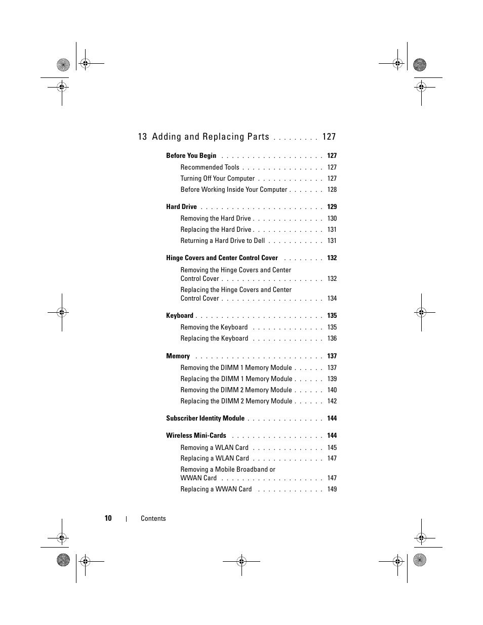 13 adding and replacing parts | Dell XPS M1330 (M1330, Mid 2007) User Manual | Page 10 / 202