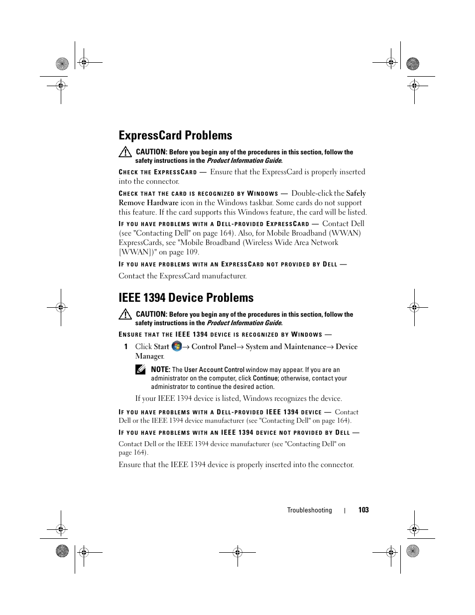 Expresscard problems, Ieee 1394 device problems | Dell XPS M1330 (M1330, Mid 2007) User Manual | Page 103 / 202
