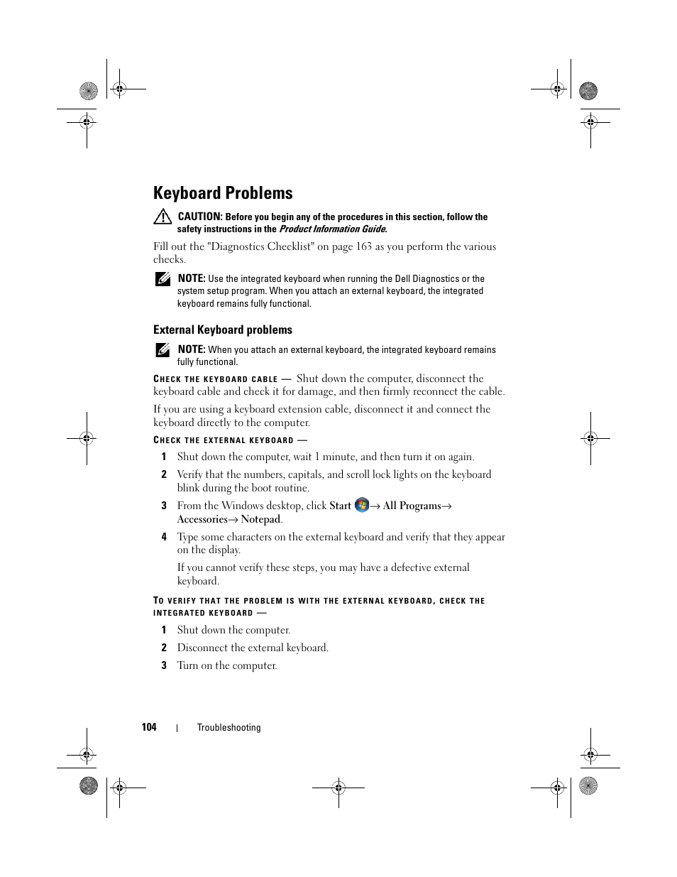 Keyboard problems, External keyboard problems | Dell XPS M1330 (M1330, Mid 2007) User Manual | Page 104 / 202