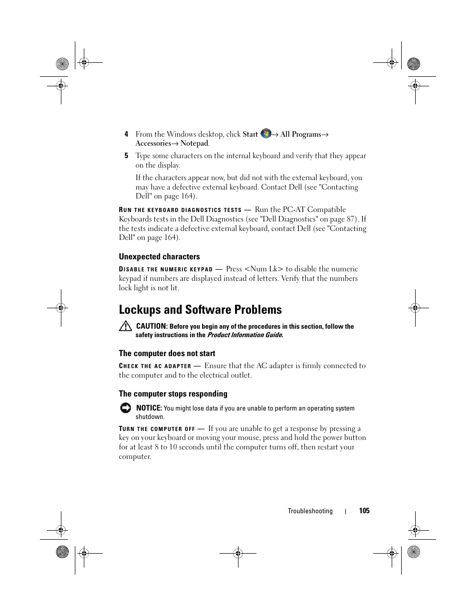 Unexpected characters, Lockups and software problems, The computer does not start | The computer stops responding | Dell XPS M1330 (M1330, Mid 2007) User Manual | Page 105 / 202