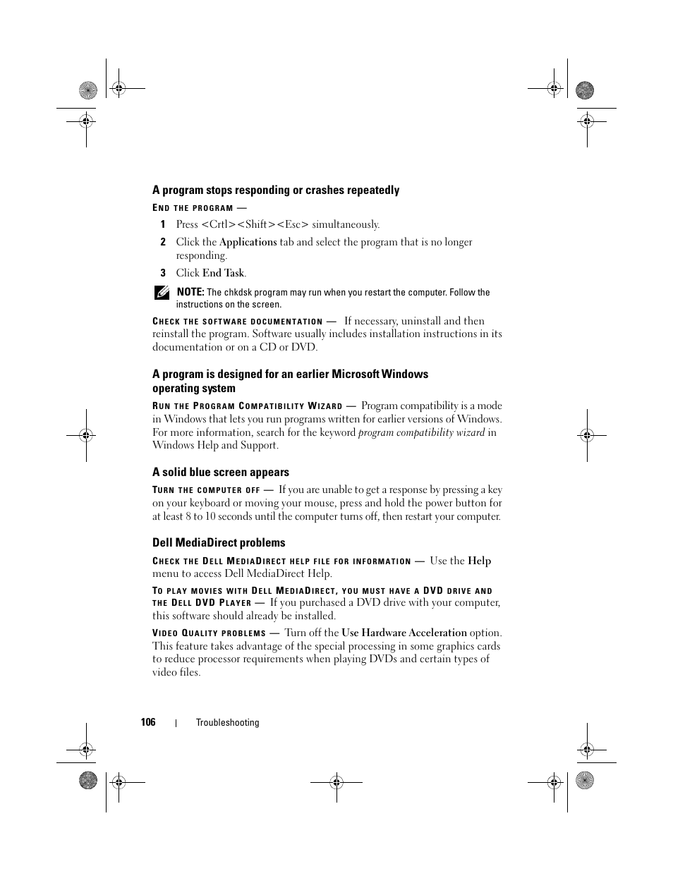 A program stops responding or crashes repeatedly, A solid blue screen appears, Dell mediadirect problems | A program is designed for an earlier microsoft, Windows operating system | Dell XPS M1330 (M1330, Mid 2007) User Manual | Page 106 / 202