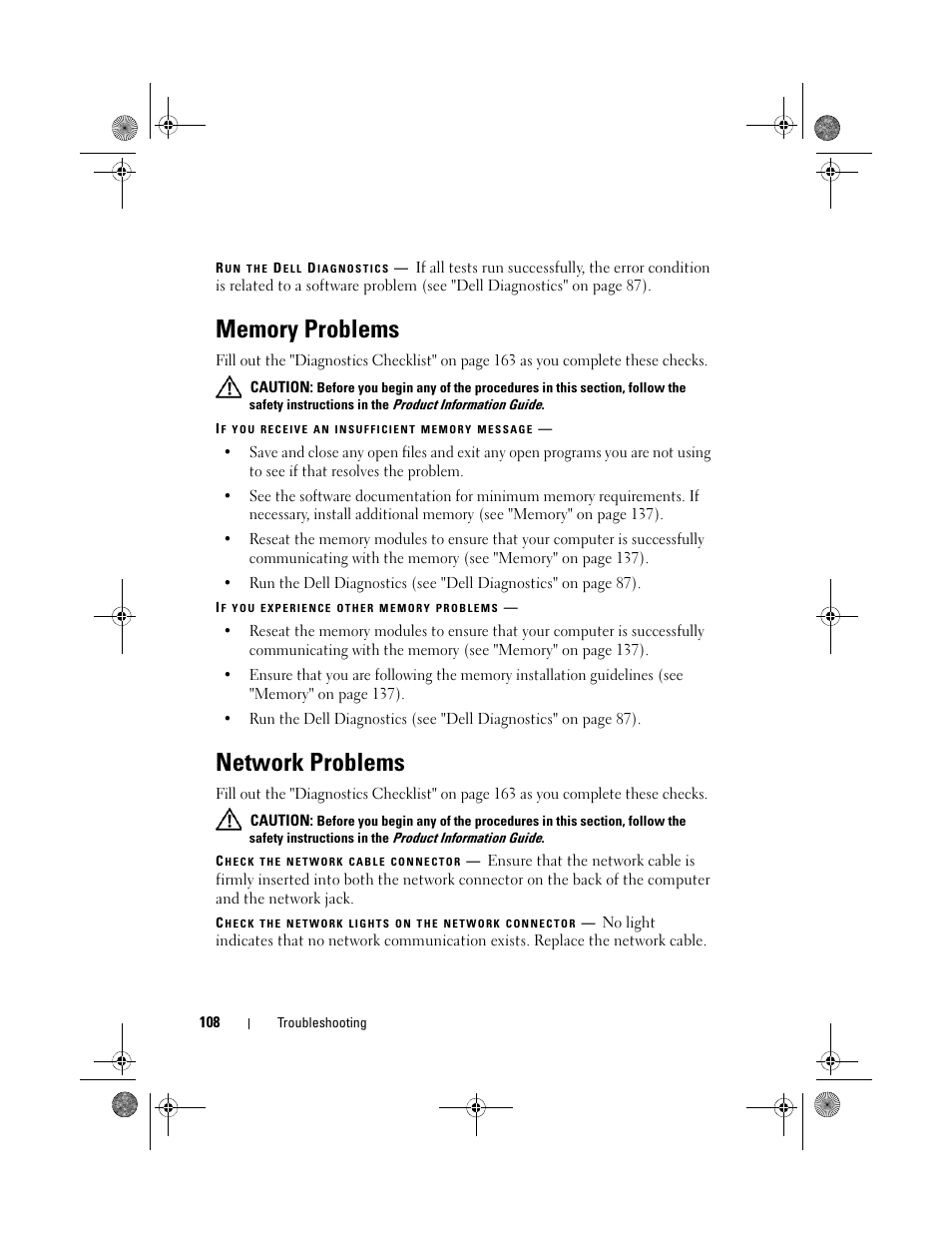 Memory problems, Network problems | Dell XPS M1330 (M1330, Mid 2007) User Manual | Page 108 / 202