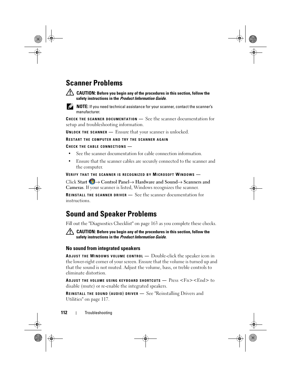 Scanner problems, Sound and speaker problems, No sound from integrated speakers | Dell XPS M1330 (M1330, Mid 2007) User Manual | Page 112 / 202