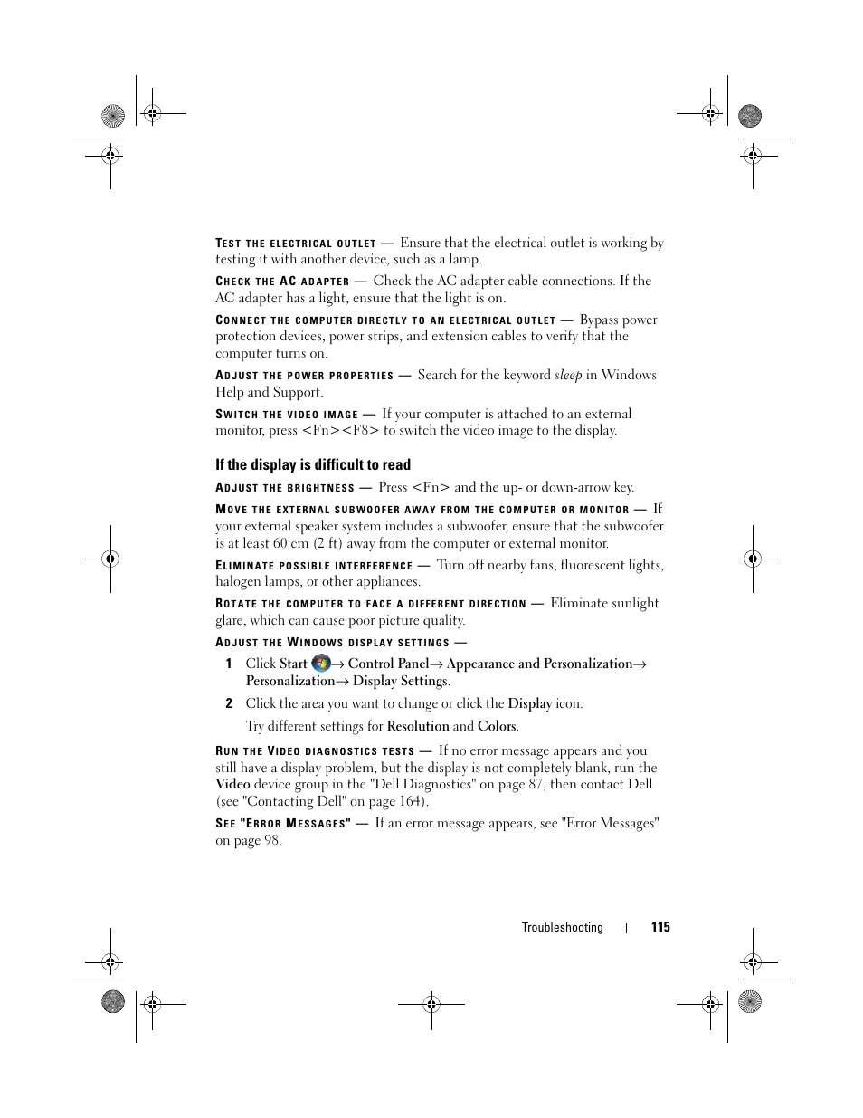 If the display is difficult to read | Dell XPS M1330 (M1330, Mid 2007) User Manual | Page 115 / 202
