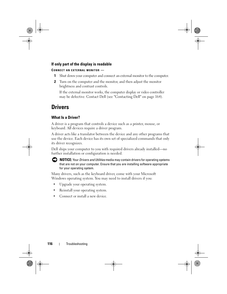 If only part of the display is readable, Drivers, What is a driver | Dell XPS M1330 (M1330, Mid 2007) User Manual | Page 116 / 202