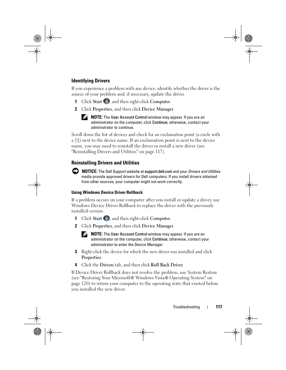 Identifying drivers, Reinstalling drivers and utilities, See "reinstalling drivers and utilities" on | See "reinstalling drivers and utilities | Dell XPS M1330 (M1330, Mid 2007) User Manual | Page 117 / 202