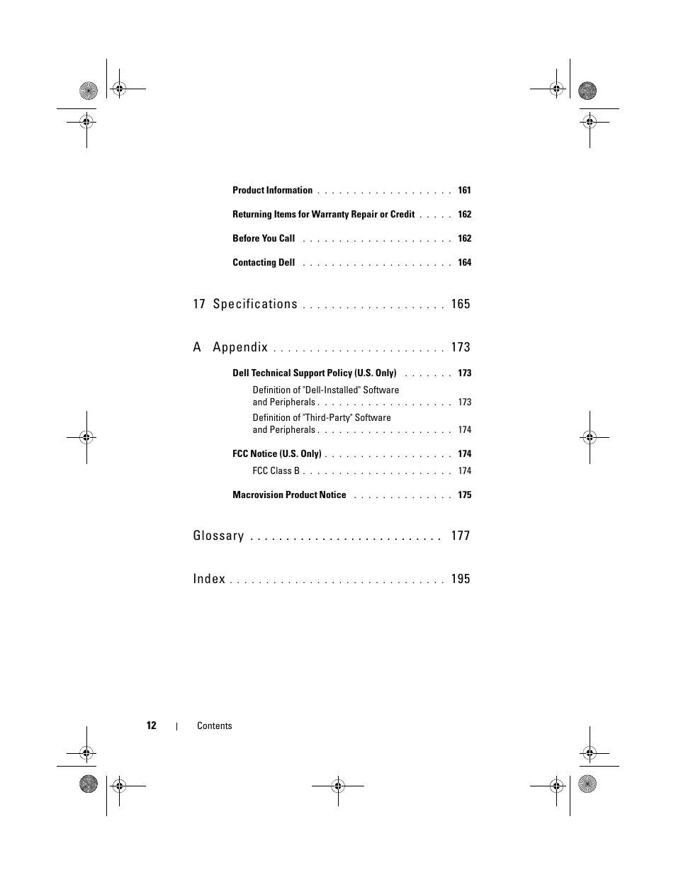 17 specifications, 165 a appendix, Glossary index | Dell XPS M1330 (M1330, Mid 2007) User Manual | Page 12 / 202