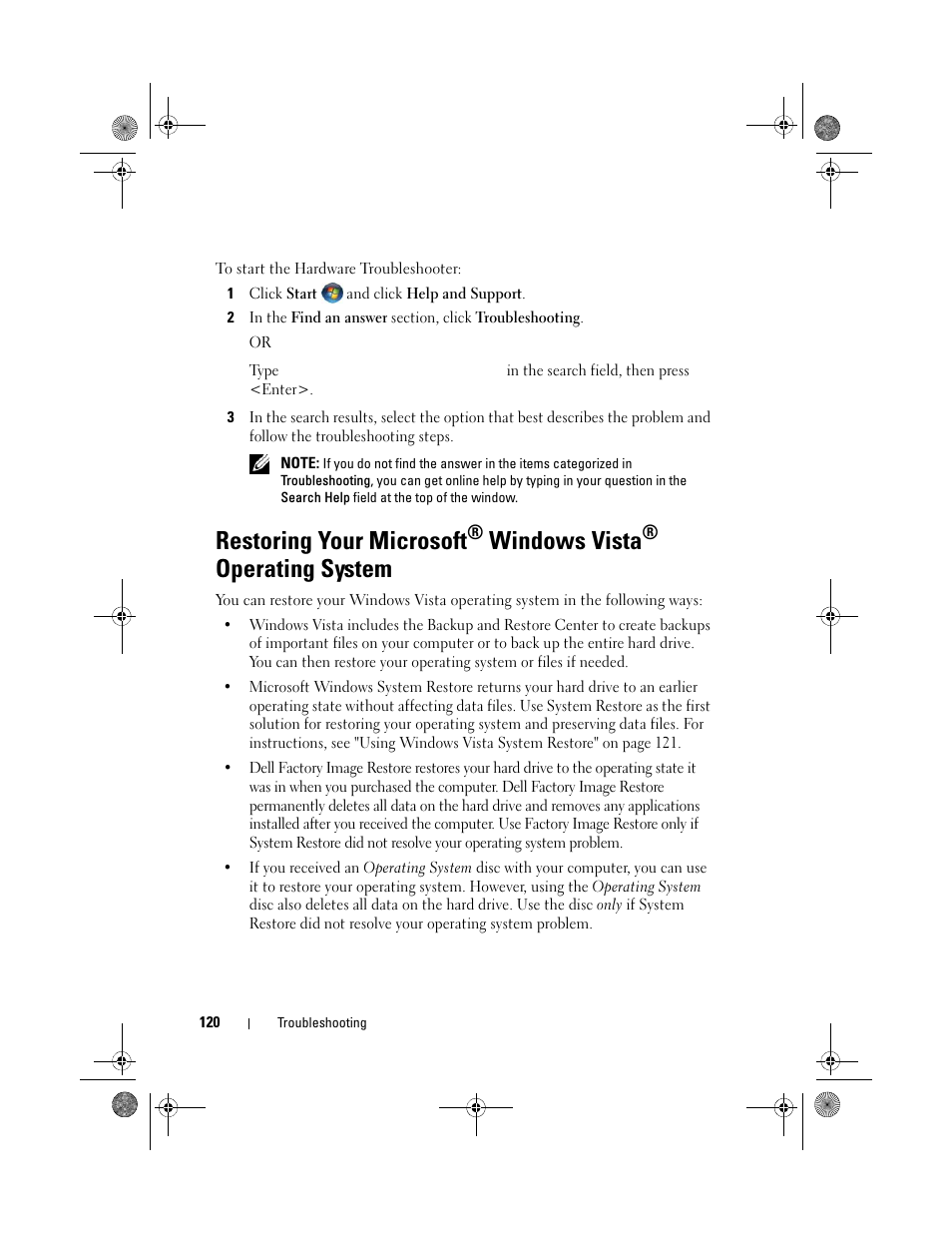 Restoring your microsoft, Windows vista, Operating system | Dell XPS M1330 (M1330, Mid 2007) User Manual | Page 120 / 202