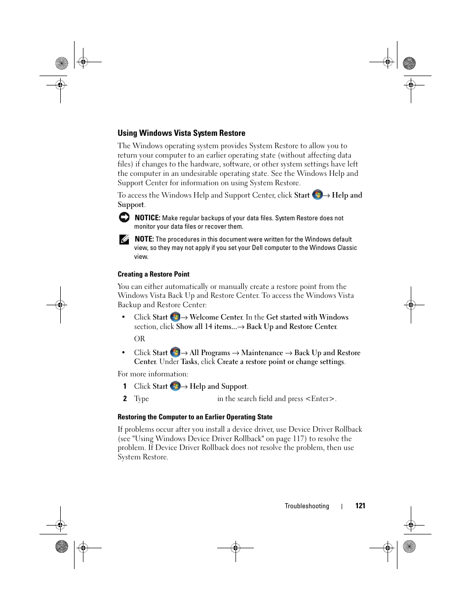 Using windows vista system restore | Dell XPS M1330 (M1330, Mid 2007) User Manual | Page 121 / 202