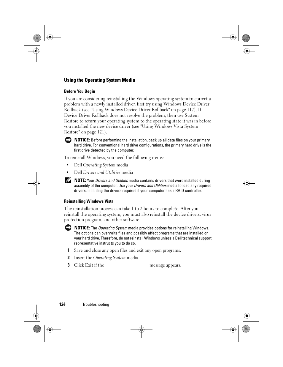 Using the operating system media | Dell XPS M1330 (M1330, Mid 2007) User Manual | Page 124 / 202