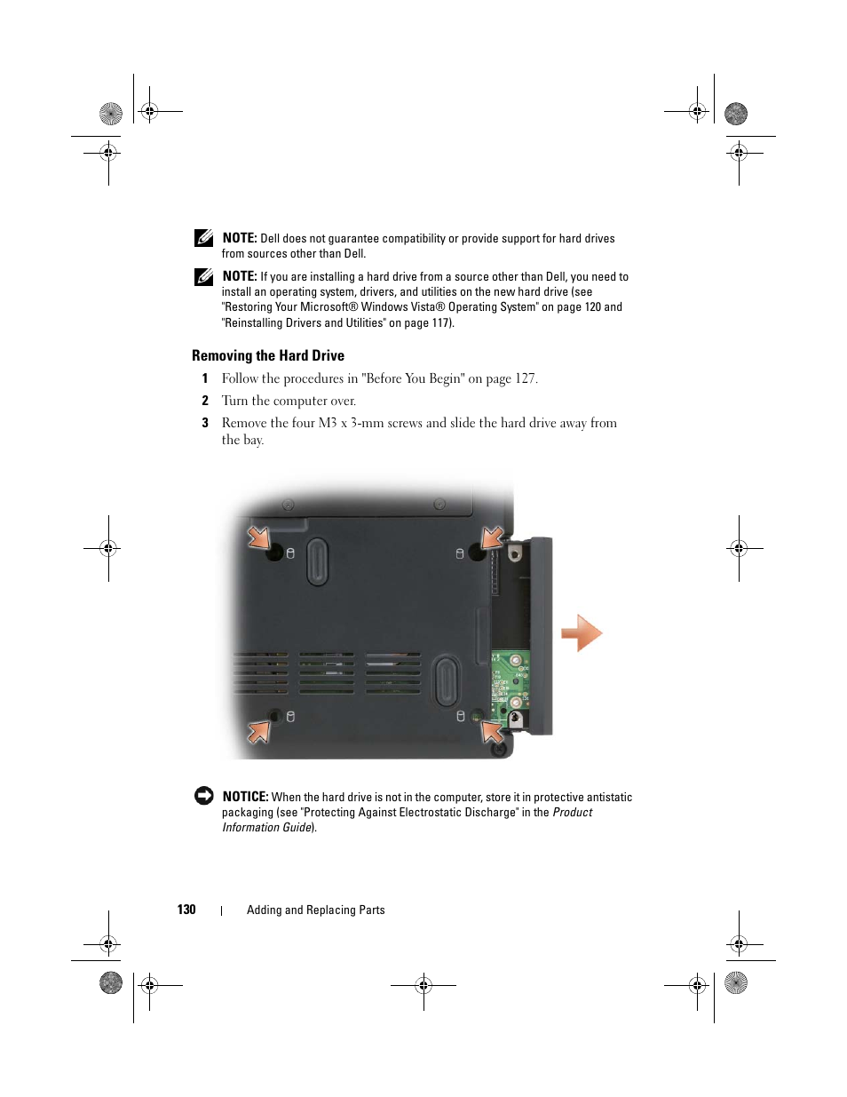 Removing the hard drive | Dell XPS M1330 (M1330, Mid 2007) User Manual | Page 130 / 202