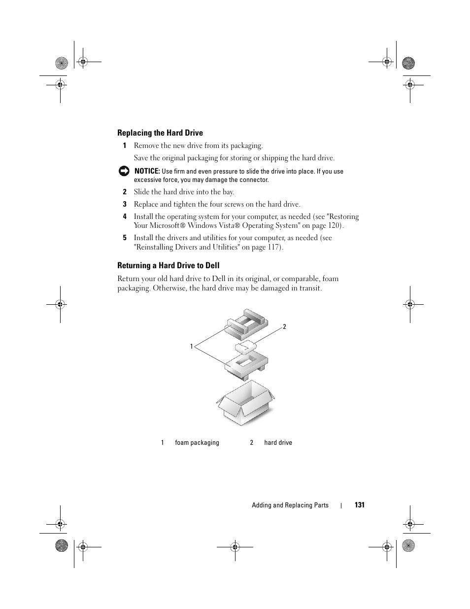 Replacing the hard drive, Returning a hard drive to dell | Dell XPS M1330 (M1330, Mid 2007) User Manual | Page 131 / 202