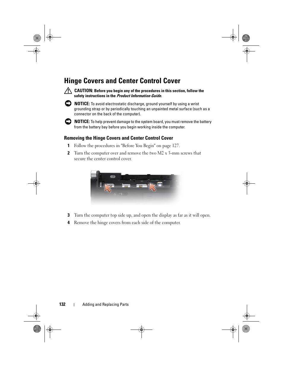 Hinge covers and center control cover, Removing the hinge covers and center control cover | Dell XPS M1330 (M1330, Mid 2007) User Manual | Page 132 / 202